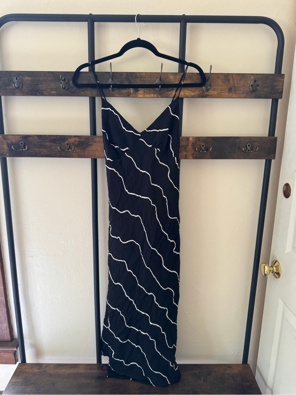 Madewell Black Maxi Slip Dress with White Wavy Stripes